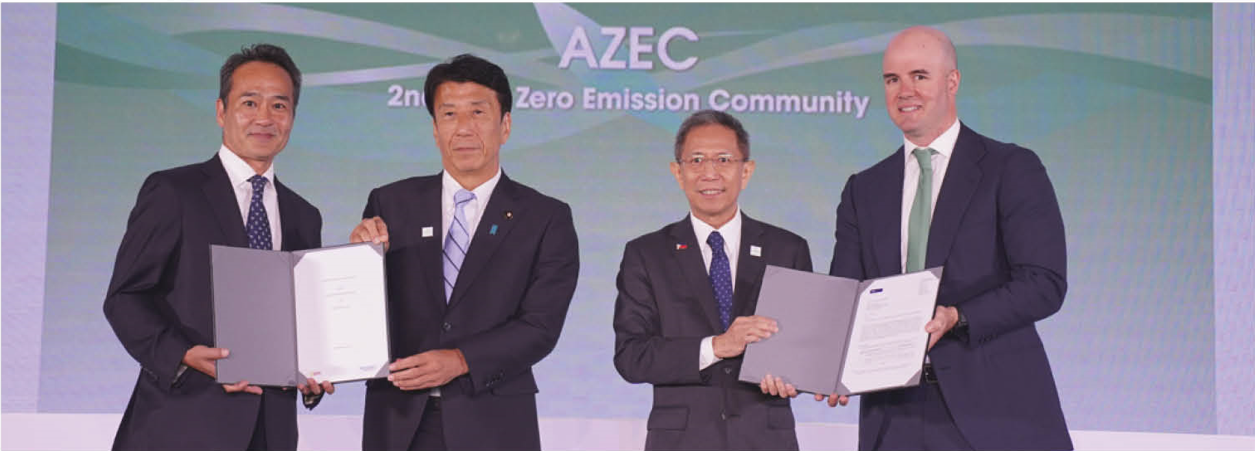 Ayala Chief Sustainability and Risk Officer Jaime Z. Urquijo (rightmost) with Mizuho Bank Managing Executive Officer and CEO for APAC Koichi Zaiki; Japan Minister of Economy, Trade and Industry Ken Saitō; and Philippine Energy Secretary Raphael Lotilla at the 2nd AZEC Summit