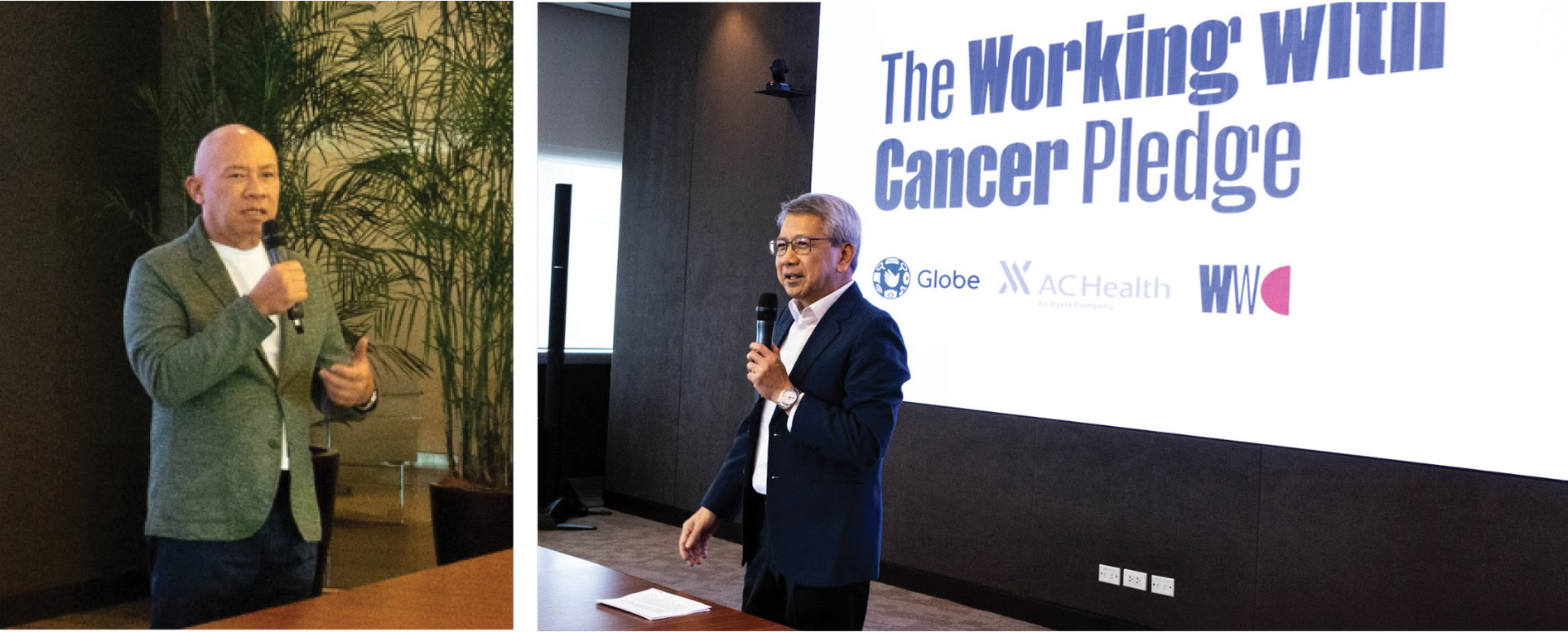 (Left) Globe President and CEO Ernest Cu talks about Globe’s support for cancer-stricken employees as Globe joins the Working With Cancer pledge; (right) Chief Human Resource Officer Renato Jiao emphasizes the importance of prevention and early detection in managing cancer cases within the company.