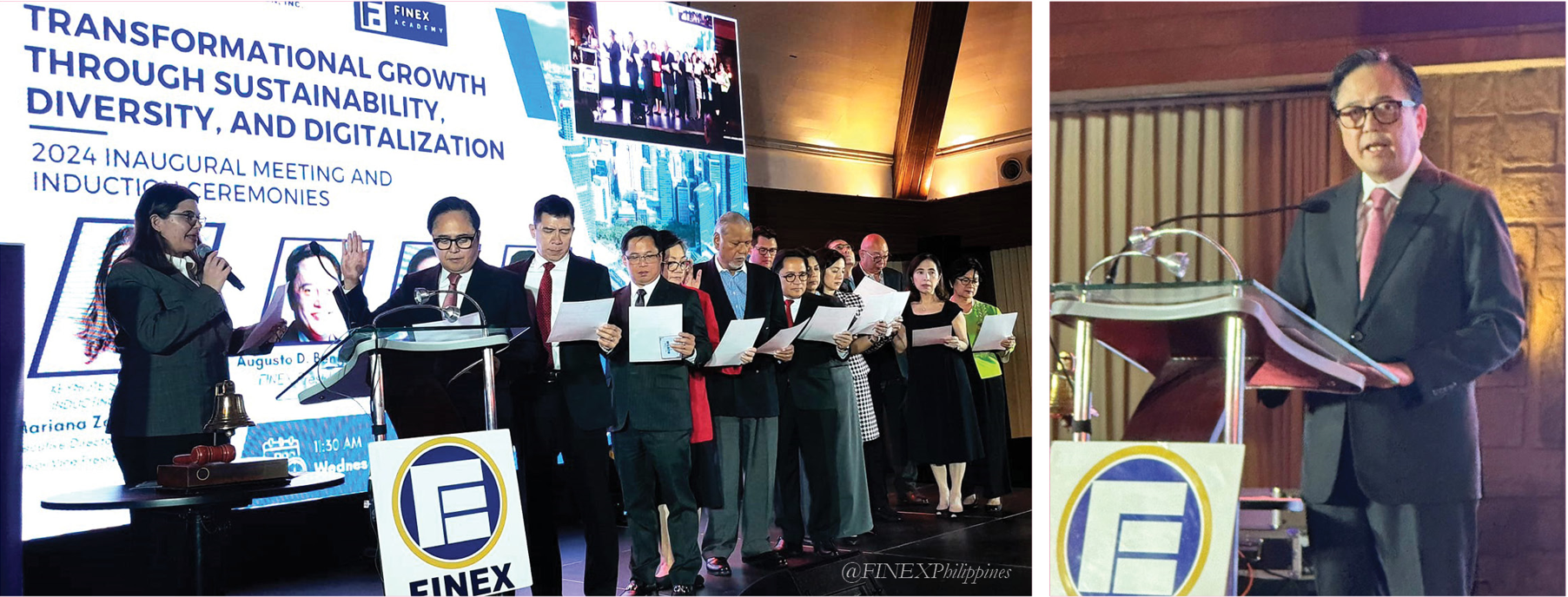 (Left) Ayala Corporation Executive Director and Ayala Land SVP for Leasing and Hospitality Mariana Zobel de Ayala leads the induction ceremonies of the FINEX Institute, FINEX Foundation and FINEX Academy Board of Directors and Trustees on January 24; (right) ALI CFO and Treasurer Toti Bengzon, the 52nd FINEX president, reflects on the organization's 2024 theme of "Transformational Growth Through Sustainability, Diversity, and Digitalization"