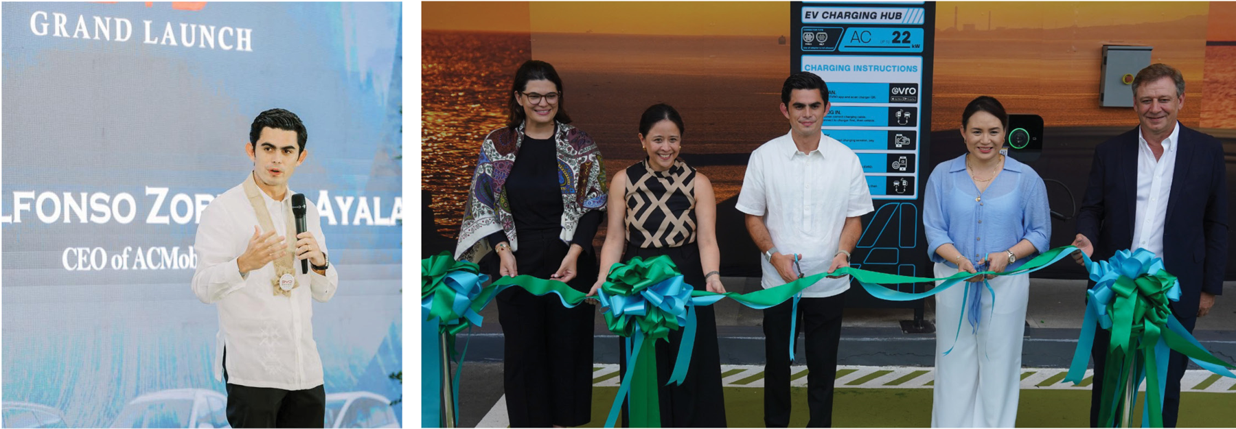 ACMobility CEO Jaime Alfonso Zobel de Ayala at the inauguration of BYD Davao (left) and the EV charging bays at Ayala Malls Manila Bay (right) with ALI SVP and Head of Hospitality and Leasing Mariana Zobel de Ayala and Area Head for Operations - Central Malls Pivi Diaz; ACMobility Head of Mobility Infrastructure Carla Buencamino; and Ayala Property Management Corporation President and CEO Laurent Lamasuta