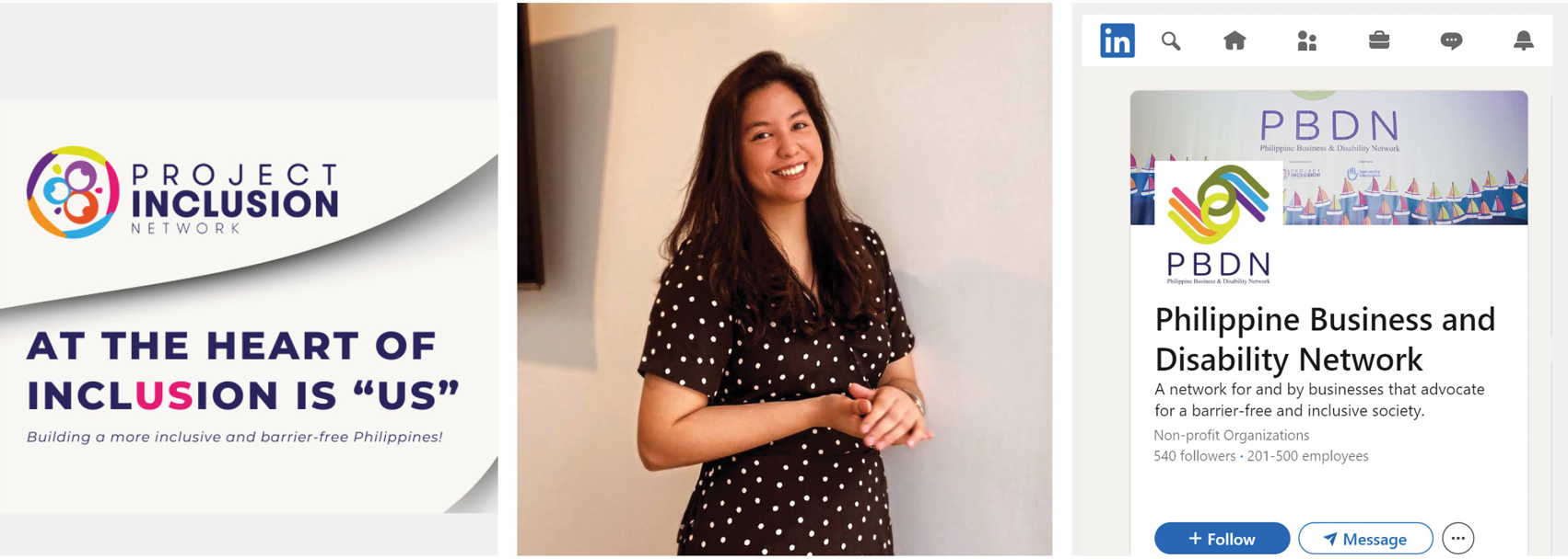 (Center) Globe Lead Expert for UI Cristina Guanzon found that her deafness is not a barrier in the workplace; (left and right) Globe's inclusivity initiatives are featured in @ProjectInclusionPH and @PBDNph on Facebook and Philippine Business and Disability Network's LinkedIn page.