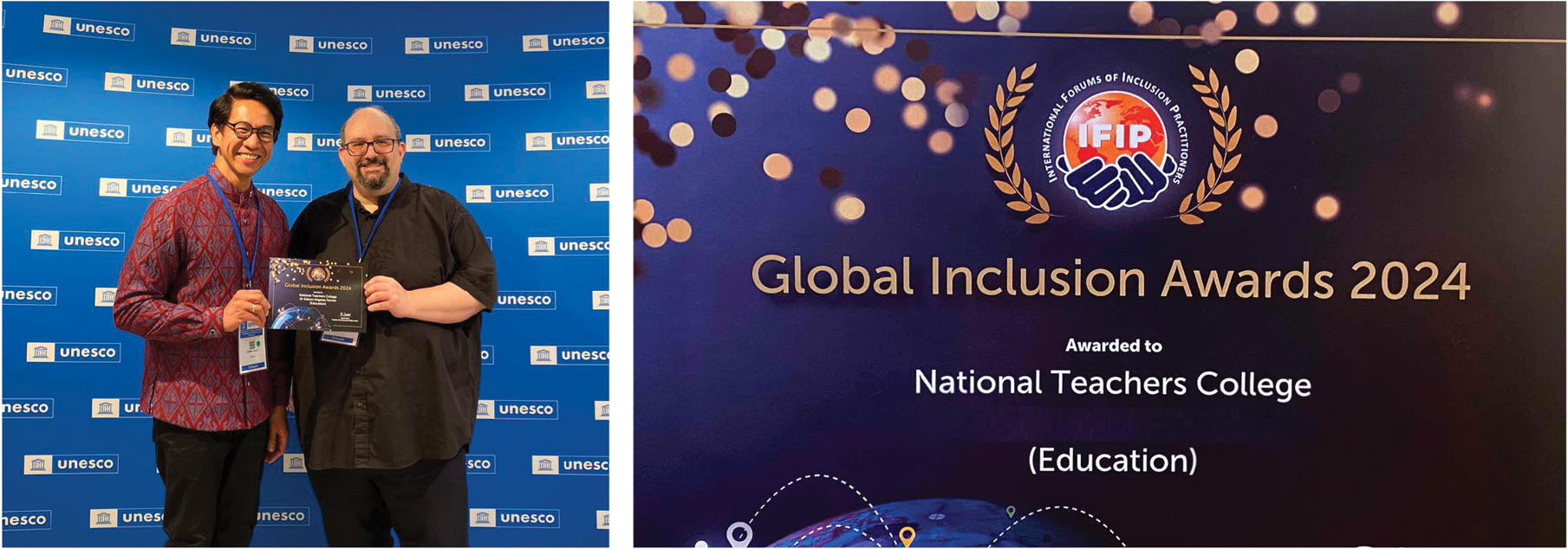 NTC VP for Academic Affairs Dr. Edizon A. Fermin receives the school's Global Inclusion Award at the UNESCO headquarters in Paris