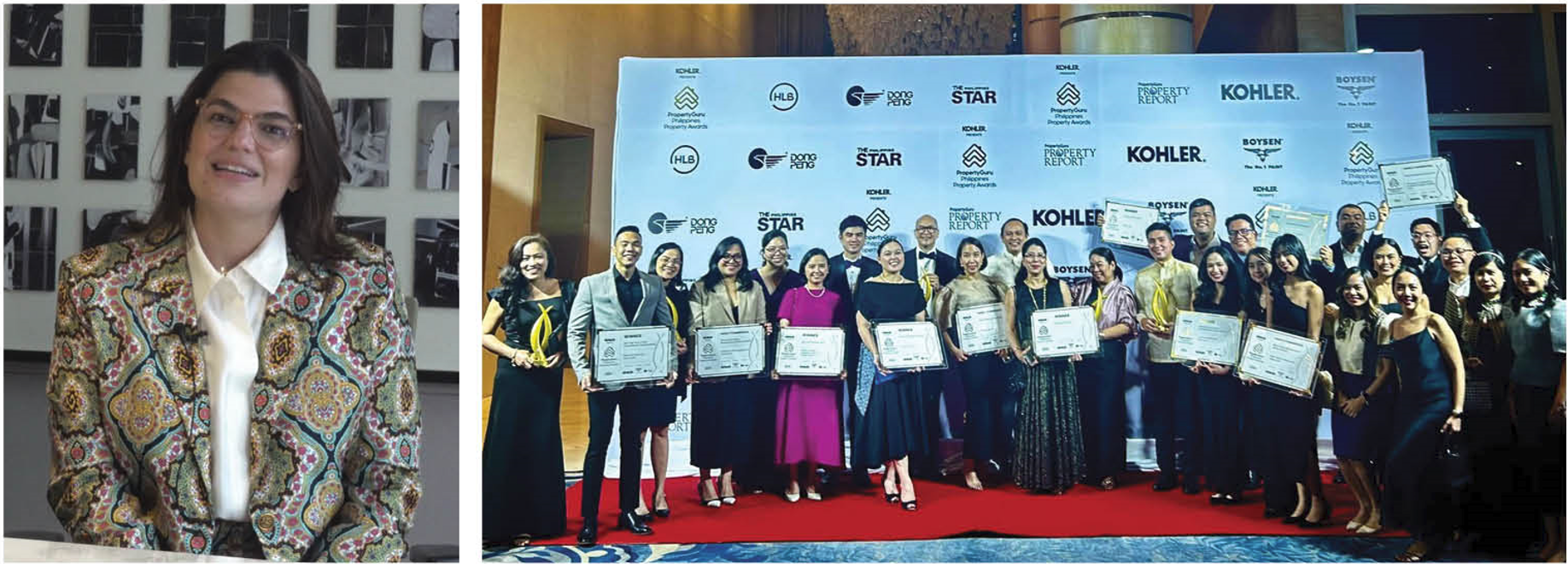 (Left) In a video message, Ayala Land SVP for Leasing and Hospitality Mariana Zobel de Ayala expresses her gratitude for being named the 2024 Philippines Rising Star; (right) officers from Ayala Land celebrate their multiple wins at the PropertyGuru Philippines Property Awards on September 6.