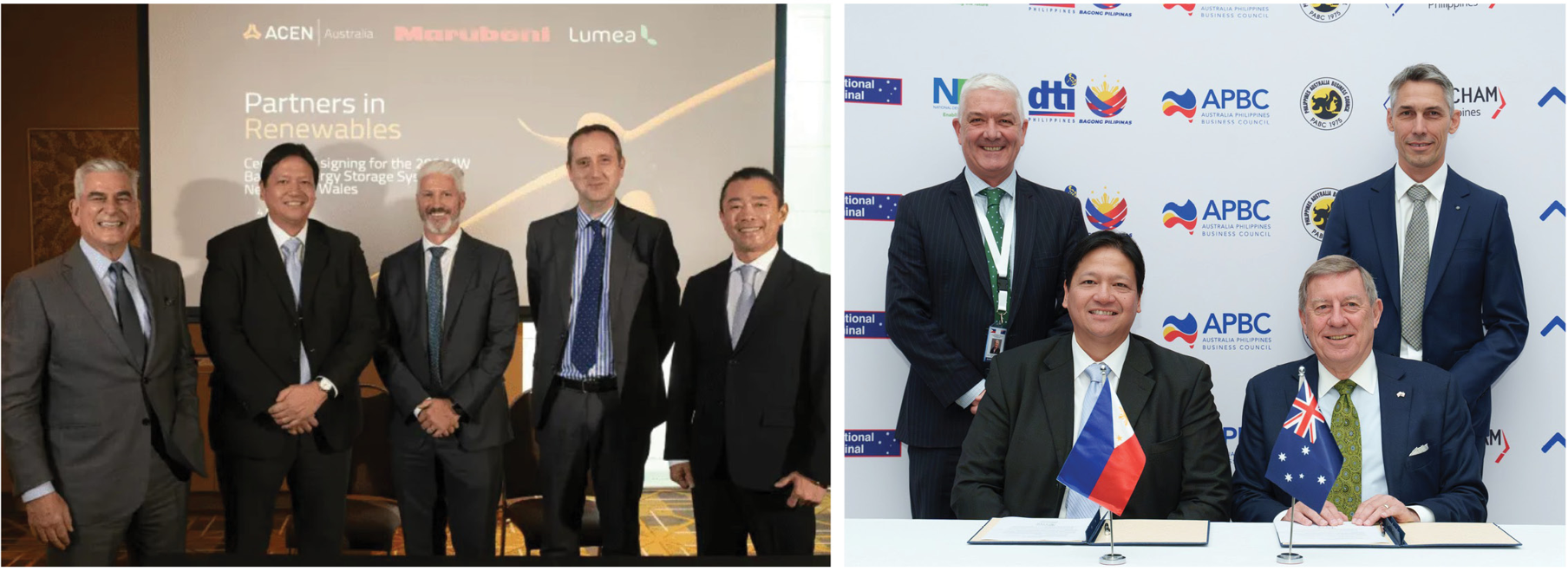 (Left) At the signing of the agreement with Marubeni are Ayala Corporation Chairman Jaime Augusto Zobel de Ayala, ACEN President and CEO Eric Francia, Lumea Executive General Manager Craig Stallan, Smartest Energy Australia CEO Robert Owens, and Marubeni Asian Power Singapore CEO Moroo Shino; (right) Francia with ACEN Australia Head of Operations and Trading Michael Connarty and ZEN Energy Chair Raymond Spencer and CEO Anthony Garnaut