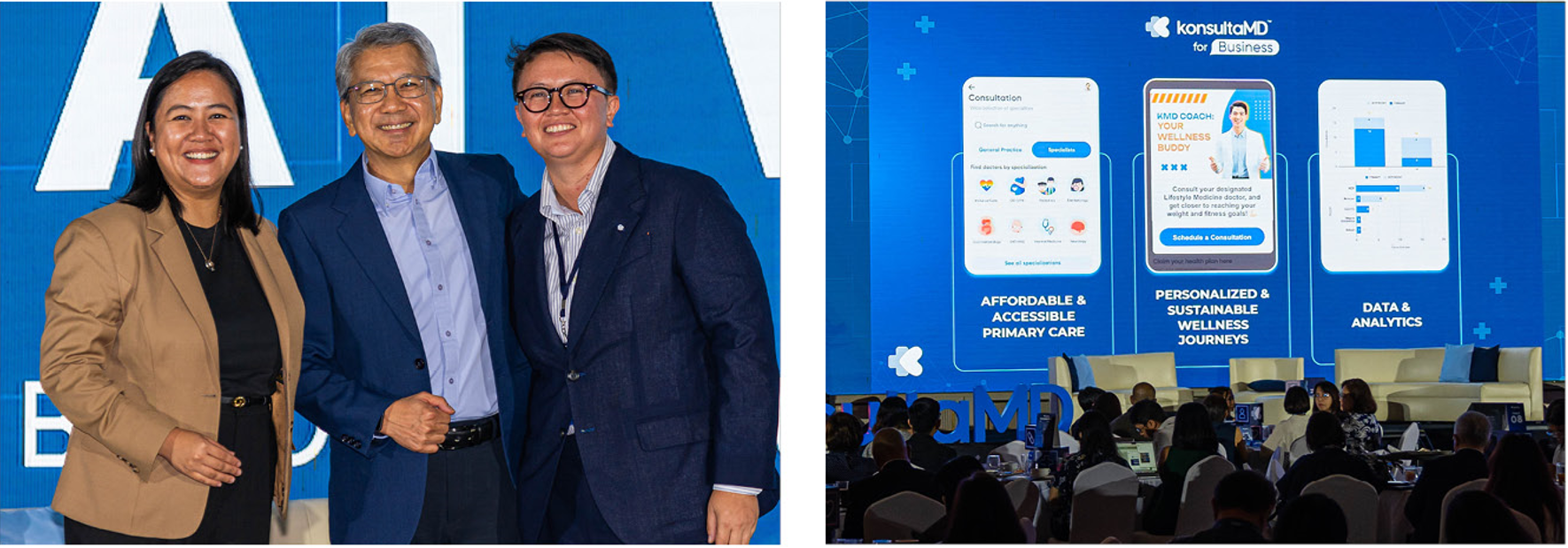 (Left) Beia Latay, Globe Chief HR Officer Ato Jiao, and Cindy Burdette; (right) the “Harmony at Work” summit positioned KonsultaMD as a key player in the B2B healthcare space