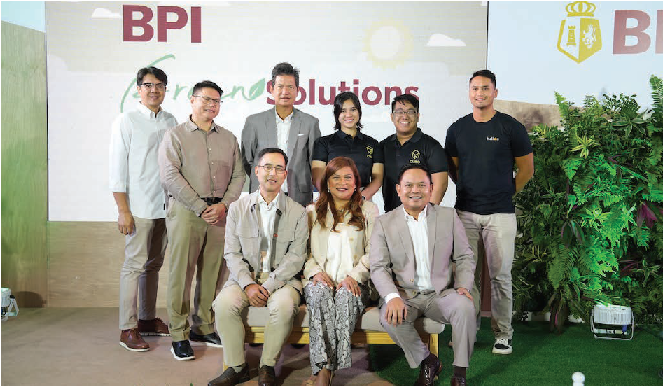 (Front row) BPI CFO and Chief Sustainability Officer Eric Luchangco, Head of Sustainability Office Jo Ann Eala, and Head of Retail Lending and Bancassurance Dexter Cuajotor with (second row) Jonathan Legaspi of BYD; Mikko David and Toti Zara of AC Motors; Zara Zanjani and Earl Forlales of Cubo; and Alex Aranson of Helios