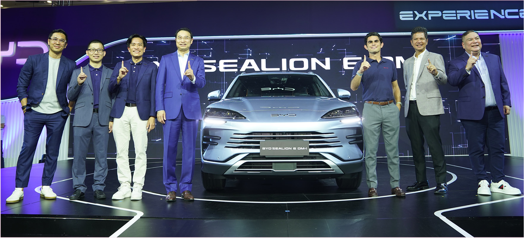 Celebrating the launch of the BYD Sealion 6 DM-i on July 25 at the Glorietta Activity Center are (from left) BYD Cars Philippines influencer and content creator Slater Young; BYD Philippines Deputy General Manager Aiffy Liu; BYD Philippines, Singapore, and Brunei GM James Ng; BYD Asia Pacific Auto Sales Division GM and BYD Japan President Liu Xueliang; ACMobility CEO Jaime Alfonso Zobel de Ayala and Head of Distribution and Retail Toti Zara; and BYD Cars Philippines Managing Director Bob Palanca