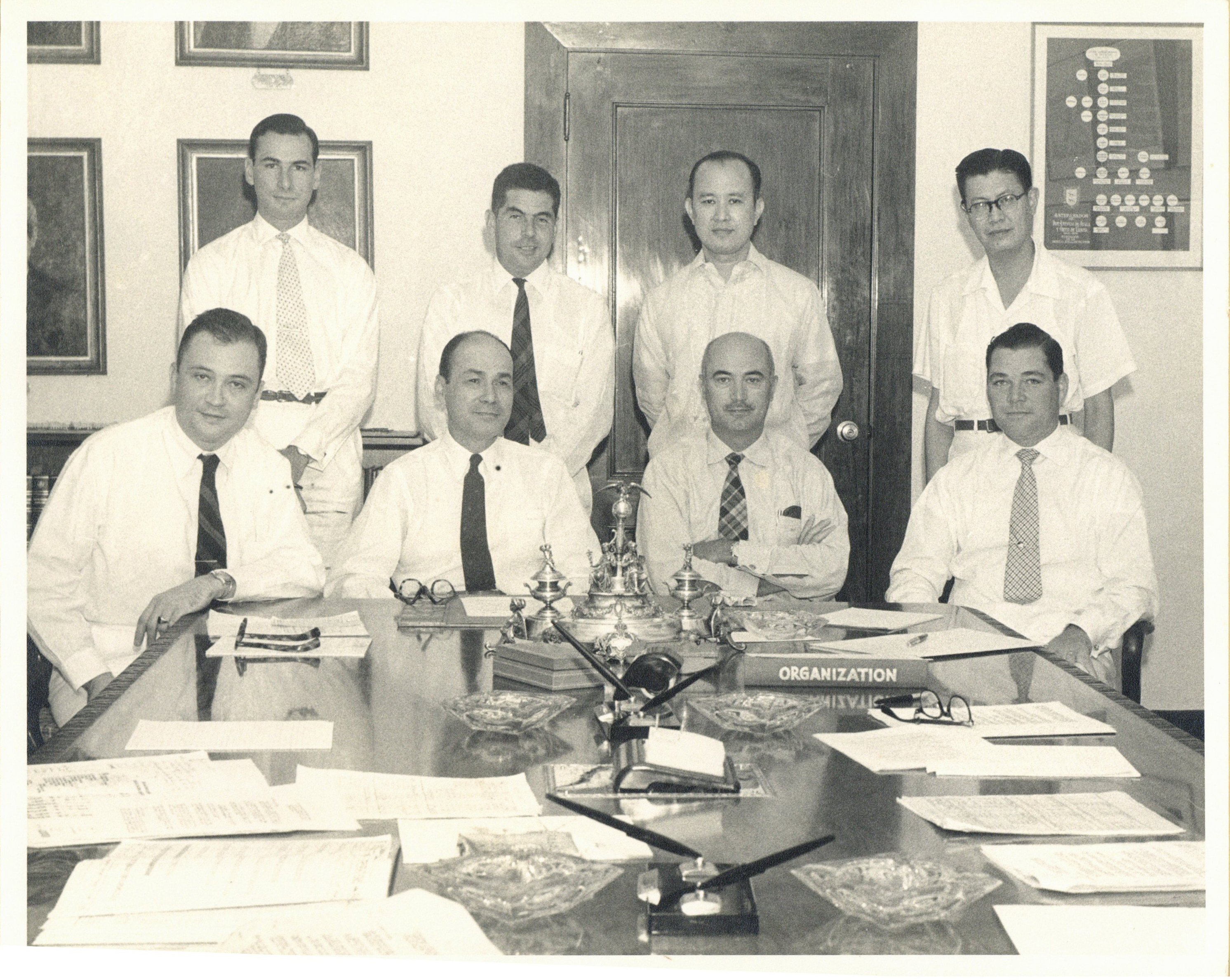 Fernando Zóbel de Ayala y Montojo (seated, leftmost) with other members of Ayala’s management committee, including Alfonso Zóbel de Ayala, Col. Joseph McMicking, Enrique Zobel, (standing, from left) Jaime Zobel de Ayala, Alfredo Melian, Col. Jaime Velasquez, and Atty. Salvador Lorayes.
