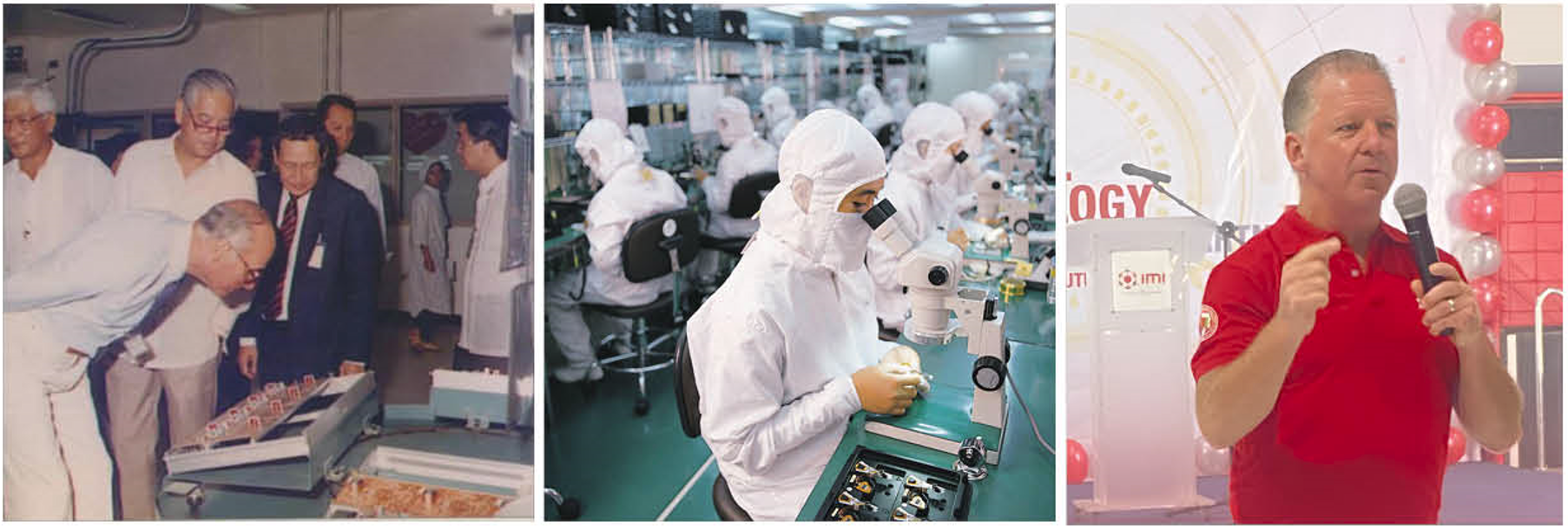 (From left) Jaime Zobel de Ayala visits the printed circuit board (PCB) assembly facilities of an IMI subsidiary formed in 1988; IMI went into contract manufacturing of hard disk drive assembly and PCB assembly in 1982; “We are all set for the next 44 years,” said IMI CEO Louis Sylvester Hughes during an assembly held at IMI’s headquarters in Laguna.