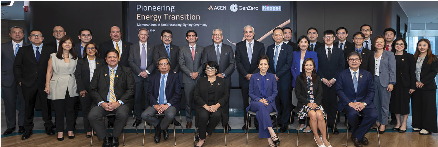 The MOU signing ceremony held on August 16 was led by (seated) ACEN President and CEO Eric Francia, Ayala Corporation President and CEO Cezar "Bong" Consing, Singapore Minister for Sustainability and the Environment Grace Fu, DENR Secretary Maria Antonia Yulo-Loyzaga, Keppel Infrastructure Division CEO Cindy Lim, GenZero CEO Frederick Teo, (standing, center) ACEN Board Director Jaime Alfonso Zobel de Ayala, and Ayala Corporation Chairman Jaime Augusto Zobel de Ayala and Board Director Fernando Zobel de Ayala.