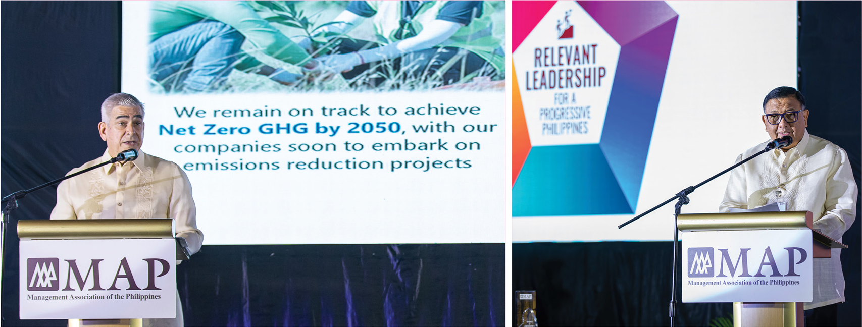 (Left) Ayala Corporation Chairman Jaime Augusto Zobel de Ayala shares his thoughts on relevant leadership and how Ayala aligns its business strategy to opportunities to address society’s pain points and aspirations; (right) AC Logistics President and CEO and Ayala Public Affairs Group Head Rene Almendras gives his inaugural address as 76th president of the Management Association of the Philippines