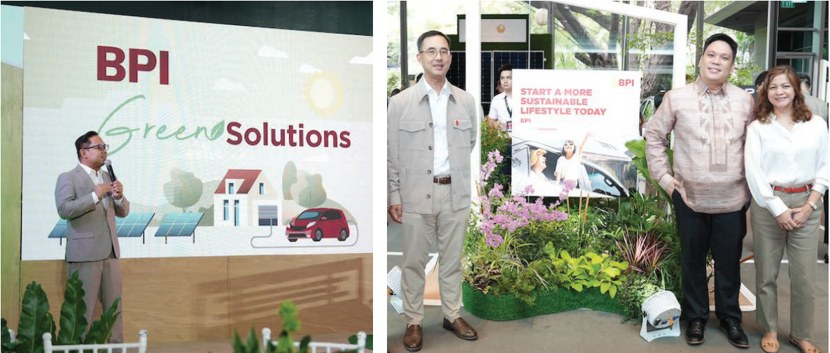 (Left) Dexter Cuajotor introduces BPI Green Solutions to media; (right) Eric Luchangco with BPI Head of Product Marketing Mark Panizales and Head of Models, Analytics, and Insighting Edelinda Tined