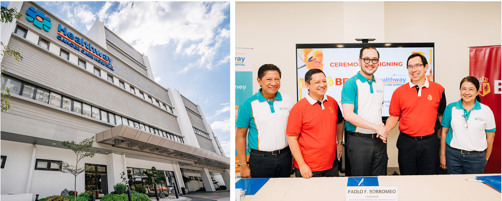 (Left) The Healthway Cancer Care Hospital in Arca South, Taguig City; (right) Healthway Medical Network President and CEO Jimmy Ysmael, BPI Institutional Banking Head John-C Syquia, AC Health President and CEO Paolo Borromeo, BPI President and CEO TG Limcaoco, and AC Health and Healthway Cancer Care Hospital CFO Ruby Chiong