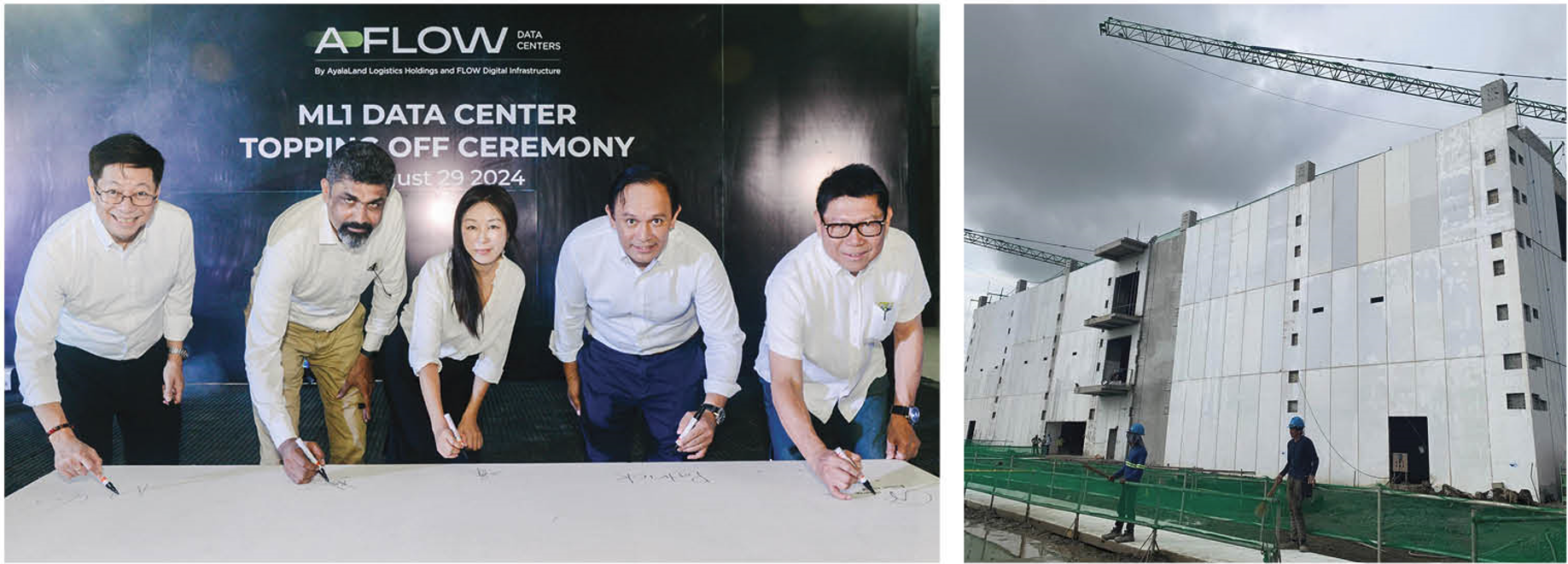 (Left) A-FLOW Chairman and ALLHC President and CEO Robert Lao, FLOW Head of Design and Construction Raj Kumar, A-FLOW President and FLOW CEO Amandine Wang, A-FLOW Director and ALLHC COO Patrick Avila, and Monocrete Construction Philippines President and Chairman Manuel Mendoza at the topping-off ceremony of the ML1 Data Center in Laguna (right)