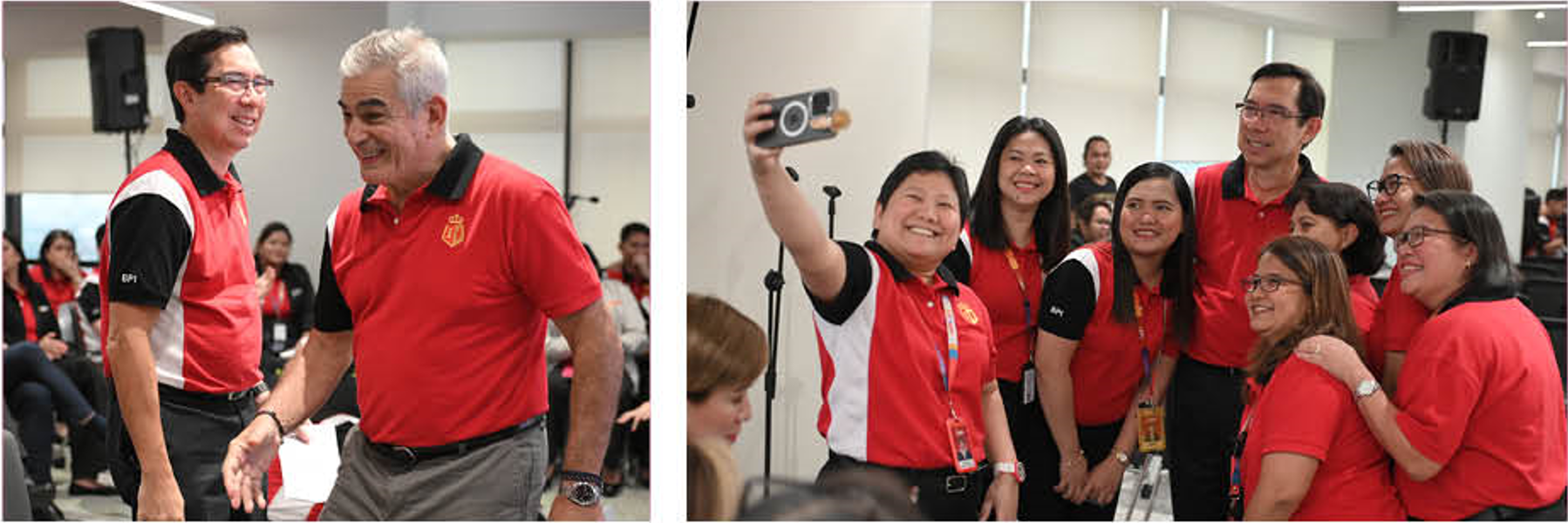 (Left) Limcaoco and JAZA during the simple celebration; (right) sharing a light-hearted moment with Unibankers